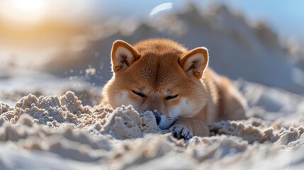 Poster - Cute Shiba Inu Dog Resting on a Beach