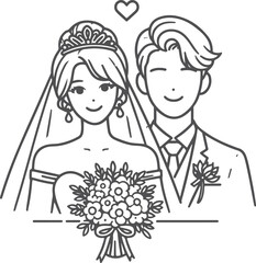 Wall Mural - Continuous one line drawing of a wedding couple Vector illustration.