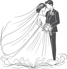 Wall Mural - Continuous one line drawing of a wedding couple Vector illustration.