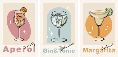 Set of posters with cocktails in retro style. Alcoholic drinks in glasses. Aperol, Margarita and Gin Tonic. Minimalistic modern vertical print. Flat illustration