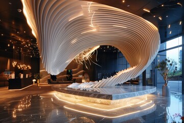 Wall Mural - Modern Lobby with Swirling White Ceiling and Marble Floor