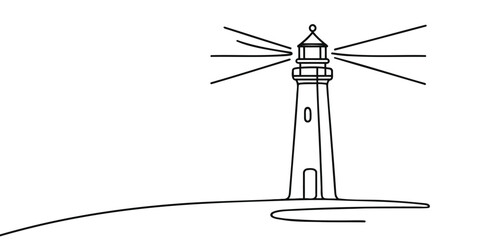 Wall Mural - Continuous one line drawing of lighthouse tower. Simple illustration of castle hill tower, sea coast line art vector illustration