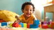© Thavesak - Happy African American Toddler Playing with Vibrant Blocks in Bright Room - Joyful Lifestyle Photo