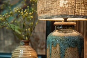 Wall Mural - Rustic Ceramic Table Lamp with Burlap Shade