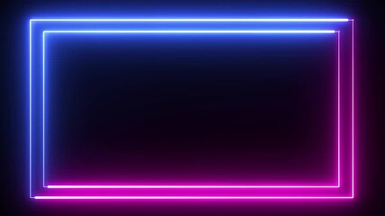 Poster - Neon blue and purple effect rectangle frame Loop background. Glowing abstract rectangle border shape two line animation