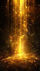Poster - abstract golden light beams and particles falling in dark background, creating a magical, ethereal s