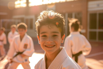 Poster - A young boy in a white karate uniform standing inside a dojo, smiling at the camera with other students training behind him