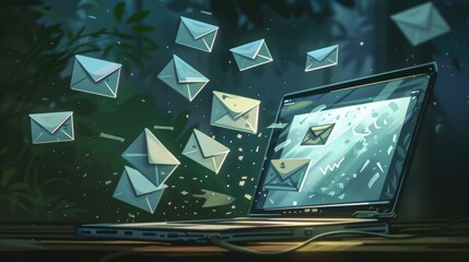 Aufkleber - Digital illustration of a laptop with envelopes flying out, representing email marketing, spam, and online advertisements.