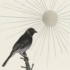 Sticker - a black and white photo of a bird on a branch