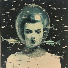 Poster - a black and white photo of a woman with fish in her head