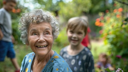 Wall Mural - The close up picture of the grandmother living with the family in garden background, the picture of the family that has been filled with happiness, enjoyment and love also surrounded by nature. AIG43.