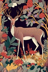 Poster - a painting of a deer surrounded by trees and flowers