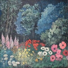 Sticker - a painting of a garden with flowers and trees