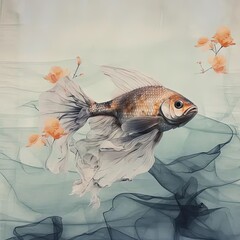 Wall Mural - a painting of a goldfish in an aquarium