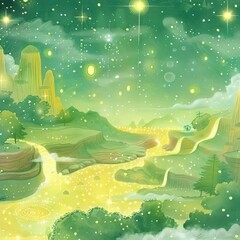 Wall Mural - a painting of a green landscape with stars in the sky