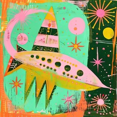 Poster - a painting of a rocket ship on a green background