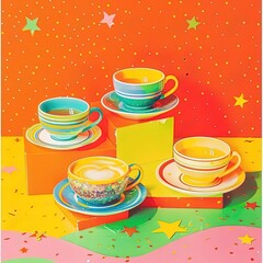 Poster - a painting of a stack of colorful cups and saucers