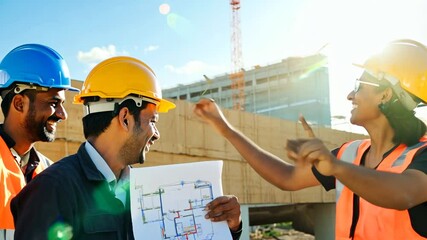 Poster - Construction Workers Discuss Blueprint at Site Generative AI