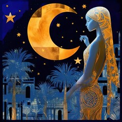 Poster - a painting of a woman standing in front of a full moon