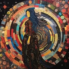 Wall Mural - a painting of a woman standing in front of a circular design