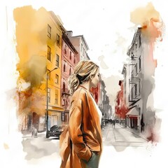 Poster - a painting of a woman walking down a street