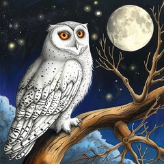 Sticker - a painting of an owl perched on a tree branch