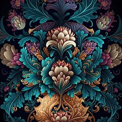 Poster - a painting of flowers and leaves on a black background