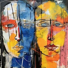 Wall Mural - a painting of two faces with different colors