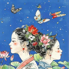 Sticker - a painting of two women with flowers in their hair