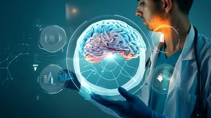 Poster - Futuristic Doctor Examining Brain Hologram Generative AI