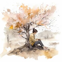 Poster - a watercolor painting of a woman sitting on a tree