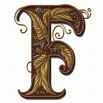 the letter f is decorated with leaves and flowers