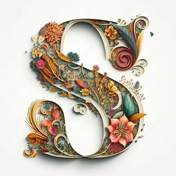 the letter e is decorated with flowers and leaves