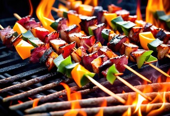 Canvas Print - sizzling bbq skewers cooking delicious kebabs outdoors, barbecue, grill, fire, sizzle, charcoal, picnic, meat, vegetable, grilling, flavor, smoke, flame