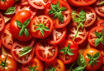 Wall Mural - vibrant sliced fresh tomato slices cutting healthy ingredient preparation, bright, colorful, green, hand, ripe, summer, table, agriculture, farm, farming