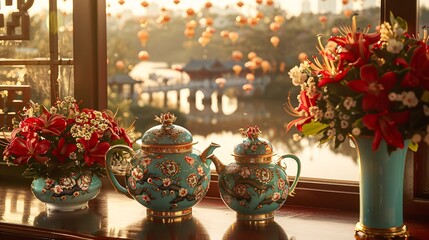 Elegant tea ceremony set amidst traditional decorations for The Moon Festival showcasing cultural heritage and customs Stock Photo with copy space