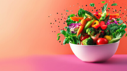 A vibrant vegetable salad with a variety of fresh, colorful veggies in a white bowl, set against a pink and orange background. Perfect for healthy eating and vibrant culinary presentations.