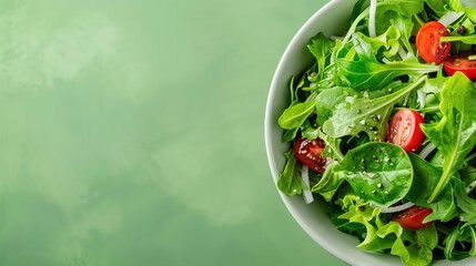 A fresh green salad with cherry tomatoes and leafy greens in a white bowl, set against a green background. Ideal for healthy eating and light meal ideas.