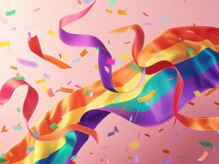 Canvas Print - Rainbow Ribbon and Confetti on Pink Background