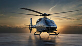 helicopter on a top of a rooftop of a building on a sunset background, maybe a private chopper or owned by a military army to rescue, transport, fight for the war