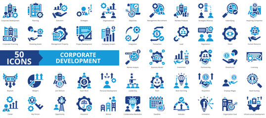 Corporate development icon collection set. Containing planning, execution, strategies, organizational, objectives, management recruitment, markets products icon. Simple flat vector.