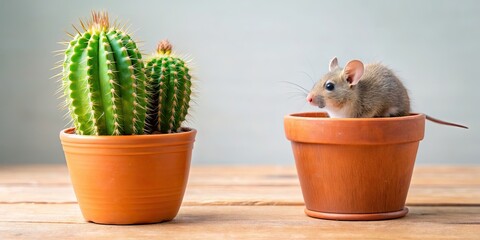 Canvas Print - Cactus plant in a small pot with a mouse nearby, cactus, plant, pot, succulent, green, spiky, decoration, indoor, desert, mouse