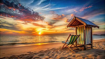 Sticker - Beach chair and hut on seashore with beautiful sunset view, sunset, beach chair, hut, seashore, relaxation, vacation