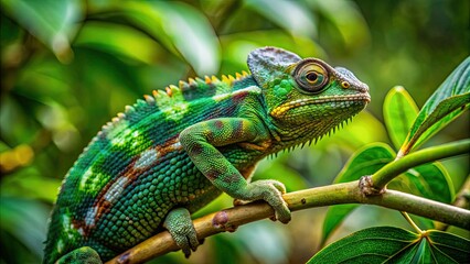 Sticker - Chameleon camouflaged on a green branch in lush jungle setting, chameleon, branch, jungle, reptile, camouflage