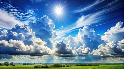 Sticker - Beautiful landscape with fluffy clouds floating in the sky, nature, scenic, outdoors, sky, horizon, peaceful, serene