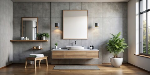 Sticker - A minimalist bathroom with a small, waterproof blank poster mockup above the vanity , minimal, bathroom, design, interior, modern