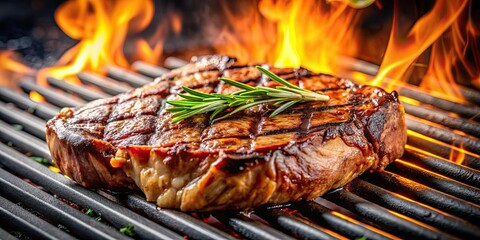 Canvas Print - Close up of juicy meat sizzling on a hot grill, barbecue, grilling, cookout, food, steak, flames, smoke, cooking, charred