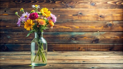 Poster - Bottle with fresh flowers on a wooden table , fresh, vibrant, colorful, bloom, simple, elegant, rustic, charming, organic