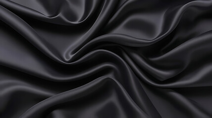 Black silk background with dark luxurious fabric draped texture folds in waves of flowing soft pattern, abstract satin or velvet cloth in luxury material design. ai