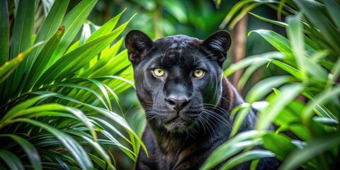 Sticker - Black panther camouflaged in lush jungle foliage, Black panther, jungle, wildlife, camouflage, predator, nature, animal